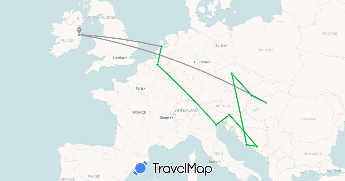 TravelMap itinerary: driving, bus, plane in Bosnia and Herzegovina, Belgium, Czech Republic, Croatia, Hungary, Ireland, Italy, Netherlands, Slovenia, Slovakia (Europe)
